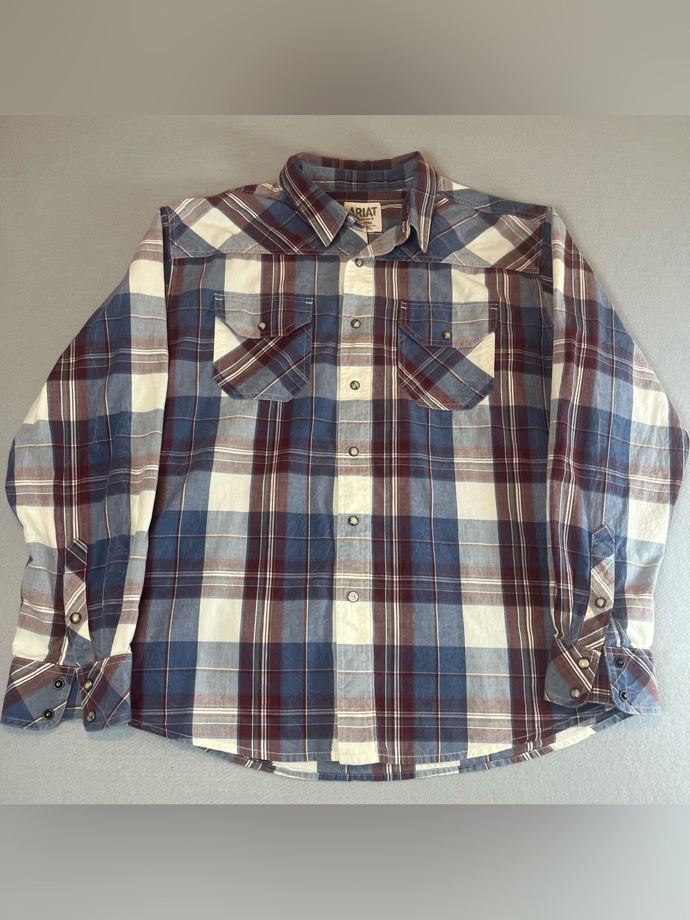 Ariat Mens Shirt XL Blue Maroon Plaid Pearl Snap Western Rodeo Retro Fit Cowboy